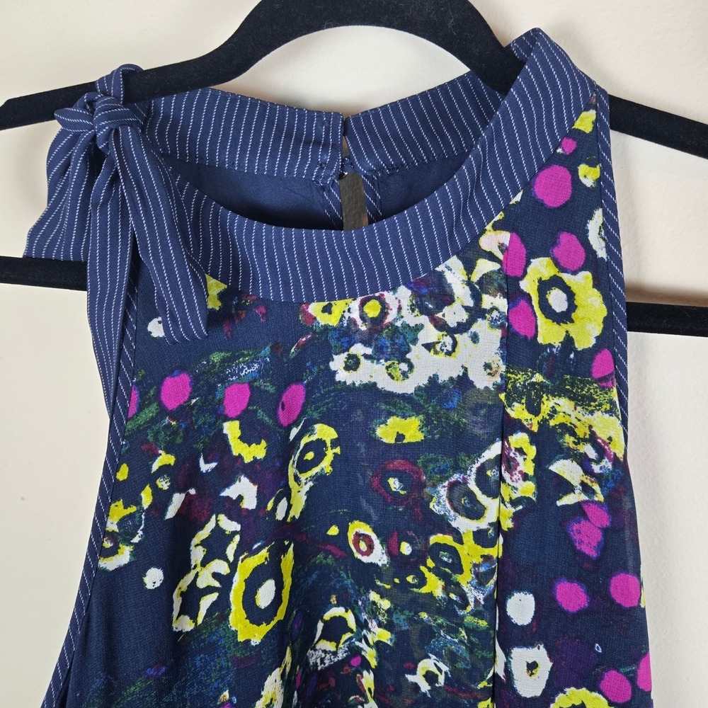 Rachel Roy Dress Tie Neck Floral Print Sleeveless Navy L W/Pockets Whimsical - Picture 4 of 12